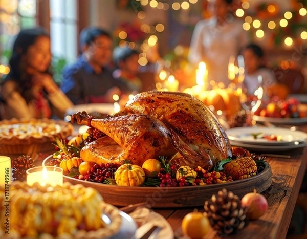 Obraz Thanksgiving Feast A Realistic 8K Autumn Holiday Gathering with Delicious Food and Family