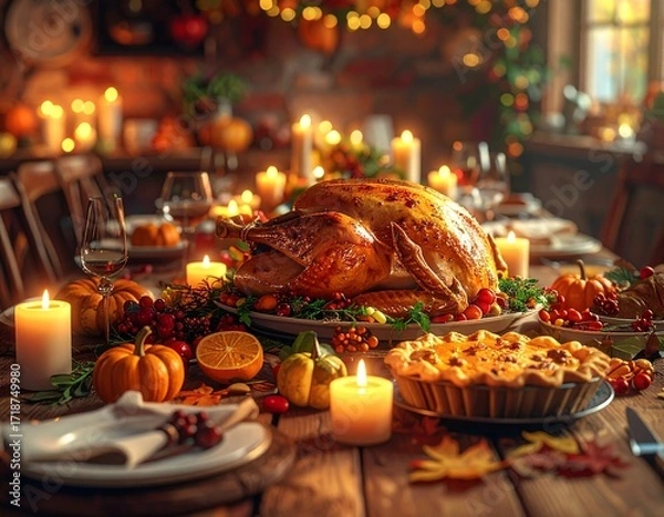 Obraz Warm autumn holiday dinner with a roasted turkey and pie, illuminated by candlelight, perfect for Thanksgiving celebrations