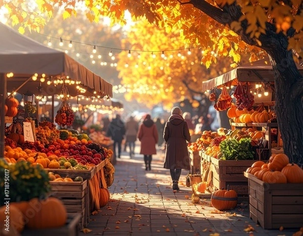 Obraz Autumn harvest market scene with bustling stalls of pumpkins, apples, and seasonal produce, glowing under golden fall foliage and festive lights