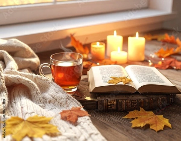Obraz Cozy Autumn Still Life Tea, Book, and Candlelight by the Window