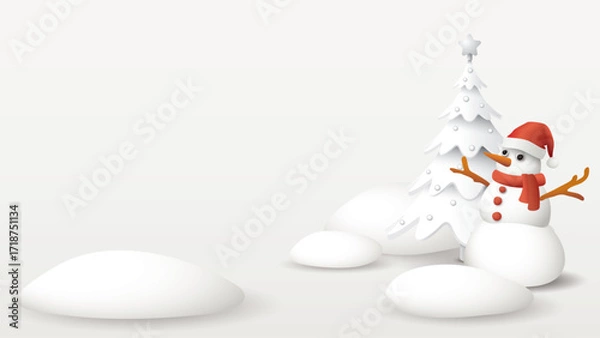 Fototapeta 3D cute snowman with decorated white Christmas tree and snowdrift graphic illustration have blank space.