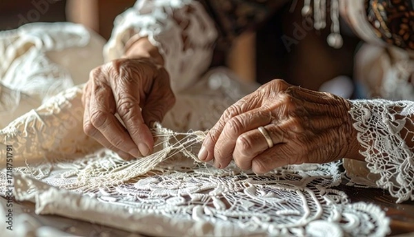 Obraz Elderly hands meticulously mending intricate lace