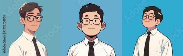 Obraz Three animated characters dressed in white shirts and black ties stand against blue and teal backgrounds. They each display a friendly smile, showcasing their unique styles.