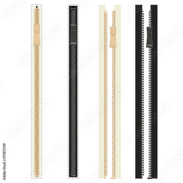 Fototapeta Collection of realistic vector zippers, isolated on white background