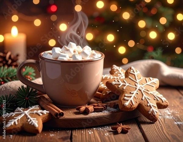 Obraz Warm Holiday Treat Cozy Cocoa with Marshmallows and Gingerbread Cookies, Festive Season