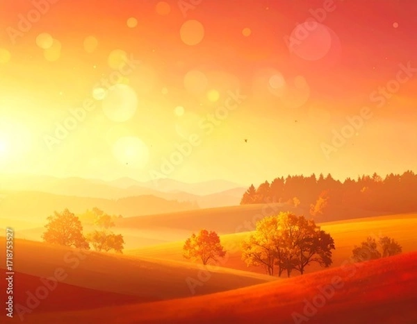 Obraz Vibrant autumnal landscape bathed in a warm golden glow, with soft bokeh lights dancing above rolling hills and a gradient sky, evoking a serene and dreamlike natural beauty