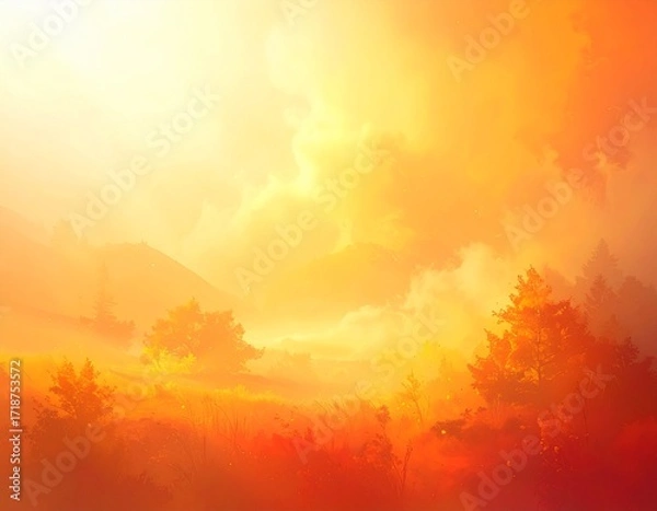 Obraz Sunset Over a Field A Dramatic Landscape in Shades of Orange and Yellow