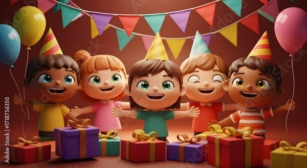 Fototapeta Celebratory Gathering: A cheerful scene unfolds with five joyful children surrounded by colorful party decorations, balloons and presents.