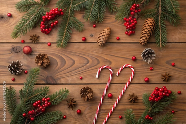 Fototapeta Christmas Festive Decor: A charming top-down arrangement of Christmas decor including fir tree branches, star anise, pine cones, red berries, candy canes on a rustic wooden surface.  