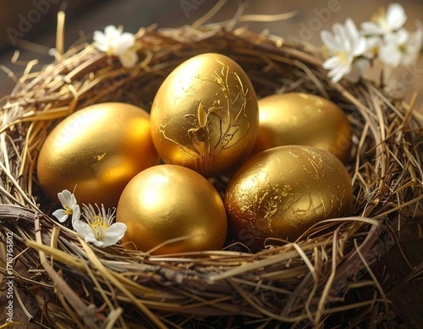 Fototapeta Golden eggs in a nest (1)