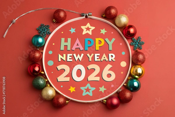 Fototapeta Joyful New Year's Celebration in 2026: A circular arrangement, featuring the festive inscription HAPPY NEW YEAR 2026 within a vibrant setting, with Christmas ornaments around the word