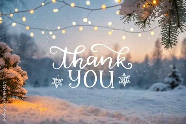Fototapeta Winter's Grateful Embrace: A heartfelt Thank You message in elegant script adorns a picturesque winter landscape, evoking sentiments of gratitude.