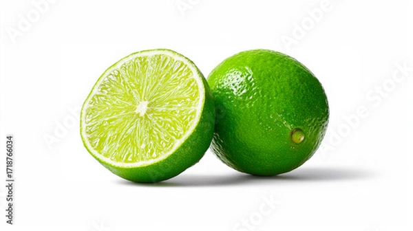 Fototapeta 白背景に置かれたライムとカットしたライム