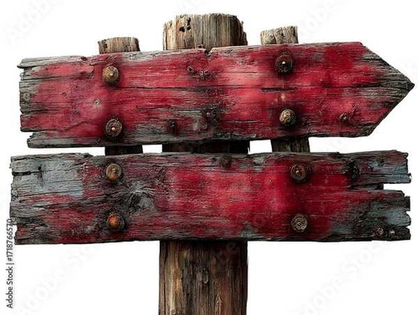 Obraz Weathered wooden sign with red paint and arrow shape indicates a direction isolated on white background.