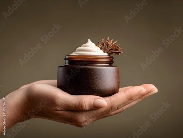 Obraz A person holds a luxurious brown jar of moisturizing cream with plant accent on a neutral colored background.