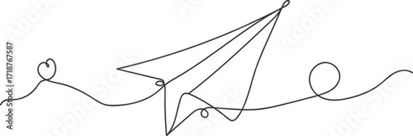 Fototapeta Single line drawing of a paper airplane in flight on a white background travel journey