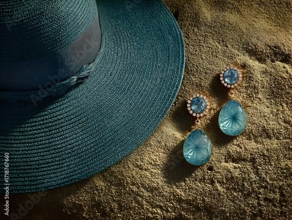 Obraz Aquamarine ears and a blue hat on sand create a stylish summer beach accessory still life scene.