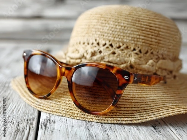 Obraz Tortoise sunglasses rest on a straw sunhat, captu the essence of summer vacation style and relaxation.