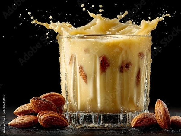 Obraz Glass of almond milk with nuts is splashing, creating a dynamic and refreshing drink on a dark background.