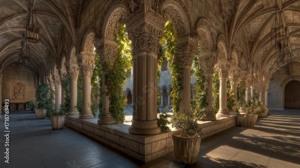 Fototapeta An elegant covered stone walkway with ornate pillars and plants basks in gentle sunlight creating depth and texture on a beautiful day outside.