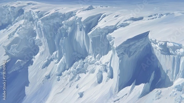 Fototapeta An aerial view shows the fractured edge of a massive ice shelf, revealing the stunning beauty and fragility of the polar landscape.