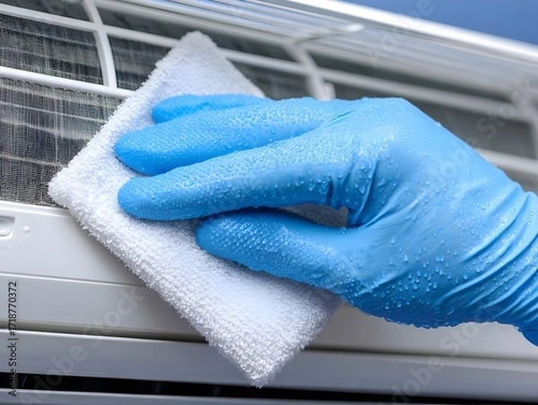 Obraz Hand in blue glove cleans the air conditioner grill with a white cloth in a close up detailed view.