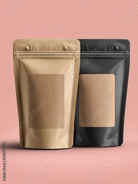 Fototapeta Two standing pouches one brown and one black with square label are displayed against soft pink backdrop in minimalist packaging mockup scene.