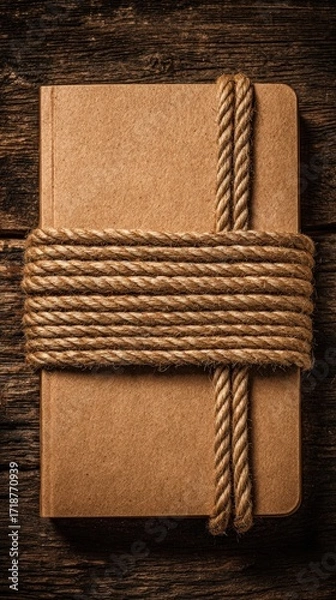 Fototapeta A rustic brown journal is tightly bound with natural rope against a weathered wooden background creating a nostaic and textural composition.