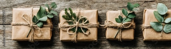 Fototapeta Four presents wrapped in brown paper are displayed with twine and foliage on a rustic wooden surface, creating a natural aesthetic design.