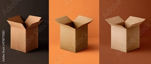 Fototapeta Three open cardboard boxes showcase versatile packaging options on a brown, orange, and reddish-brown color blocked background, displaying depth.