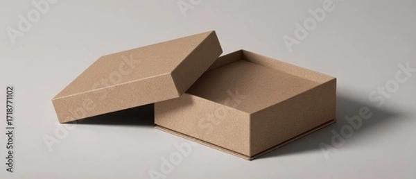 Fototapeta An open square cardboard box with a lid reveals its textured interior on a simple neutral surface casting a soft shadow.