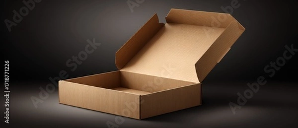Fototapeta An open and empty corrugated cardboard box rests on a dark surface showcasing its simple design and potential use for packaging items.