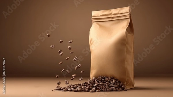 Fototapeta A brown paper bag stands near falling coffee beans on a brown surface, suggesting fresh coffee and high-quality packaging for sale.