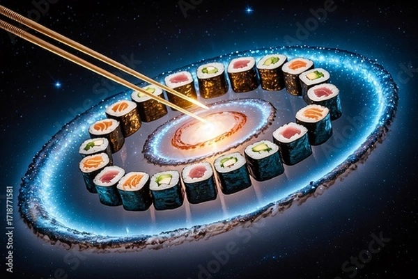 Obraz Sushi rolls arranged galaxy rings glowing center chopsticks cosmic swirl dark starry background