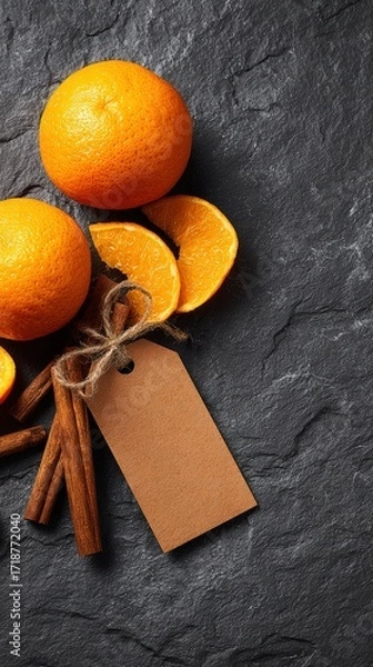 Fototapeta Three vibrant oranges, cinnamon sticks, and a blank tag are artistically arranged on a textured dark grey stone surface in this still life image.