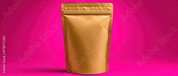 Fototapeta A brown paper pouch with a zipper stands upright on a vibrant pink background providing a versatile mockup for food or product display.