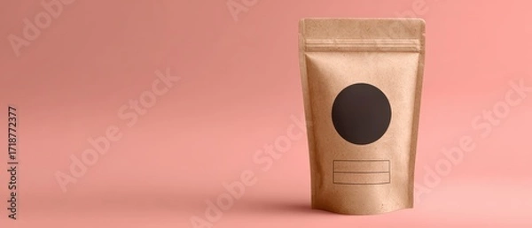 Fototapeta A simple brown paper pouch with a blank black label sits on a clean coral pink background, ready for ing and design elements.