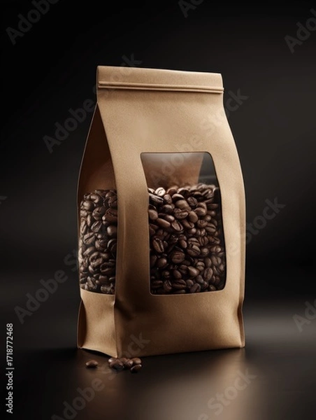 Fototapeta A brown paper package of premium roasted coffee beans sits against a dark background ready to be brewed for a morning wake up beverage.
