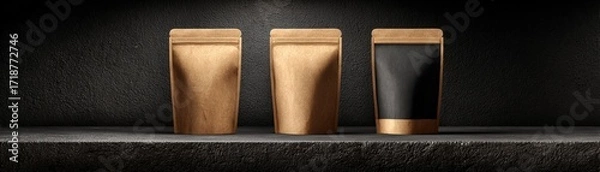 Fototapeta Three kraft paper pouches are displayed on a dark stone shelf, one with a black label, against a dark textured backdrop.