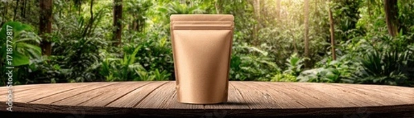 Fototapeta A blank kraft paper pouch with a resealable zipper sits on a wooden table against a backdrop of a vibrant green jungle scene.