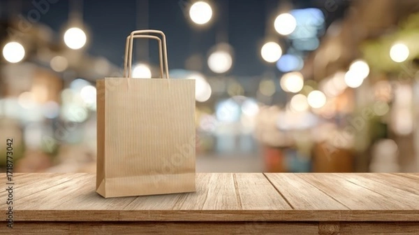 Fototapeta A plain brown paper shopping bag sits on a rustic wooden table in a blurred night market or fairground setting with lights behind it.