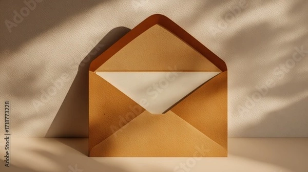 Fototapeta An open invitation envelope sits gracefully in the soft light of a serene sunlit room casting gentle shadows on the cream surface behind it.