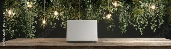 Fototapeta A laptop sits on a wooden table against a backdrop of hanging foliage and illuminated vintage light bulbs providing a nature inspired workspace.