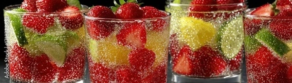 Fototapeta Refreshing glasses of sparkling water with fresh strawberries, lemon, and lime create a delightful and vibrant summer drink presentation.