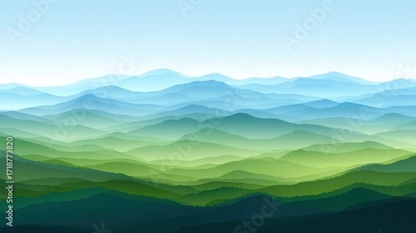 Fototapeta Beautiful serene illustration of rolling mountain range fading into the distance with calming shades of green and blue creating a peaceful vista.