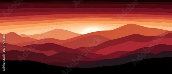 Fototapeta A beautiful red and orange layered mountain range illustration shows the sun setting in the distance creating a warm serene environment.