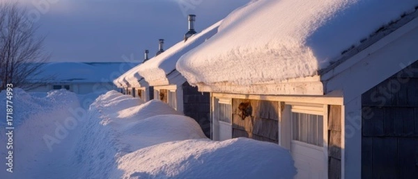 Fototapeta A line of quaint houses covered in deep snowdrifts du winter shows nature's snowy embrace against a serene, wintry blue sky backdrop.