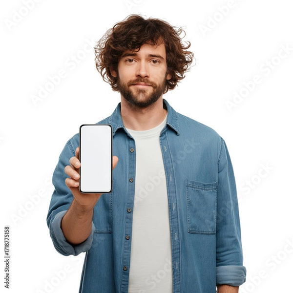 Obraz Young man with curly hair wearing a denim shirt holding a white smartphone with a blank screen isolated on transparent background