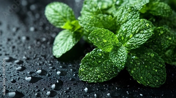 Fototapeta A group of mint leaves on a black background with water drops on the mint leaves and the background.
