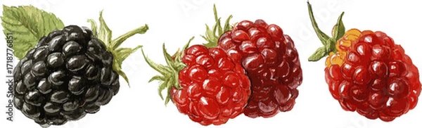 Fototapeta 3 sets of berries with different colors and patterns, in clip art style, isolated on white background